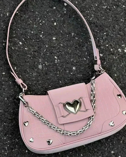 Y2K Pink Heart Chain Vintage Shoulder Bag