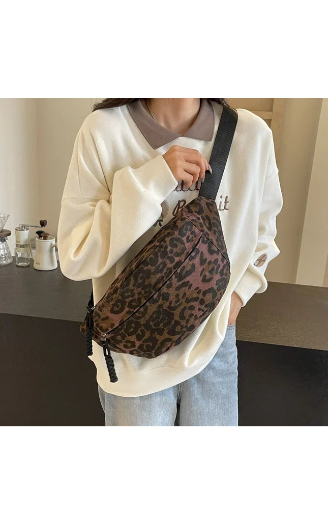 Leopard Print Canvas Crossbody Bag - Large Capacity Fanny Pack