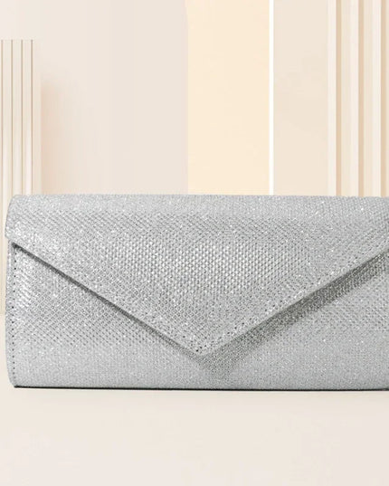 Silver Glitter Evening Clutch Bag with Chain