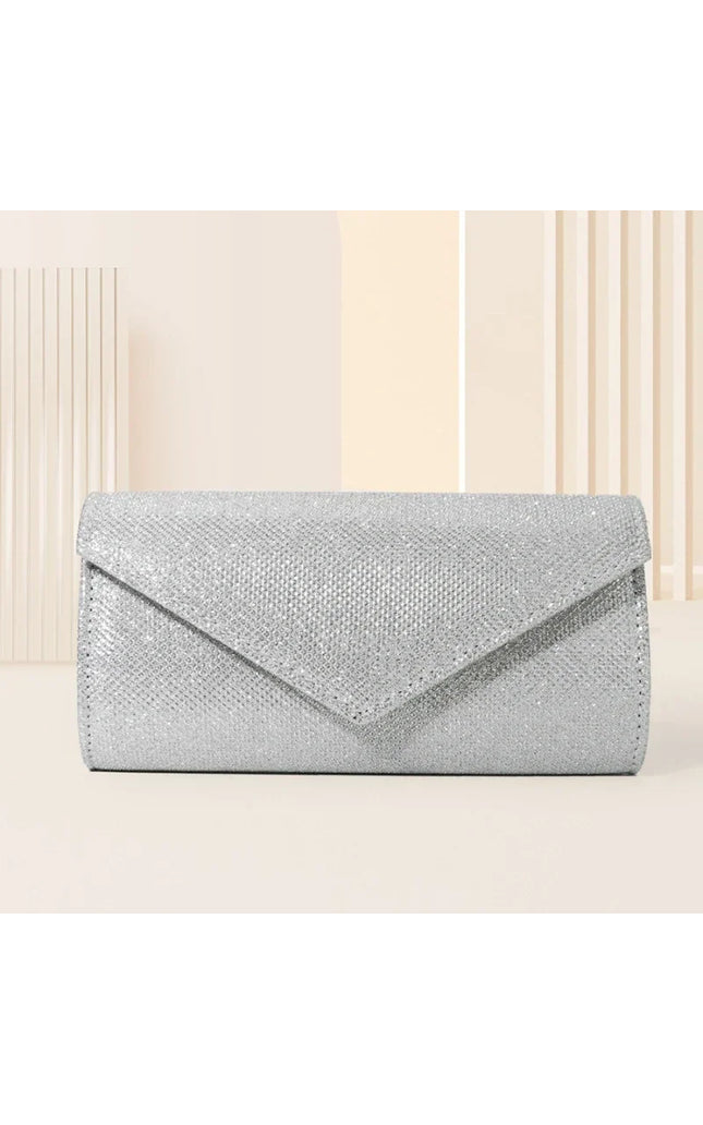 Silver Glitter Evening Clutch Bag with Chain