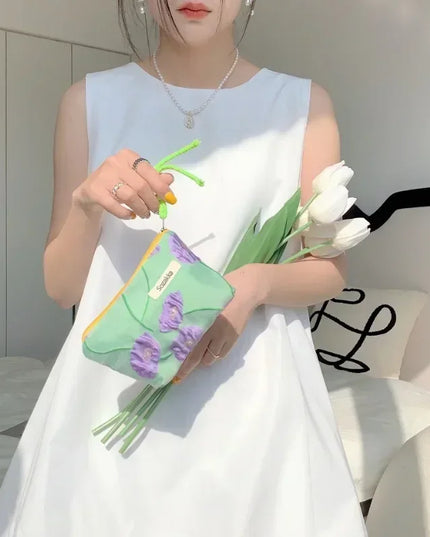 Red Green Floral Cute Women Wallet Mini Clutch Purse Coin Purse Cotton Fresh Cute Card Bag Sanitary Napkins Bag Earphone Bag