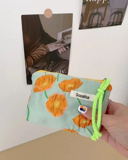 Red Green Floral Cute Women Wallet Mini Clutch Purse Coin Purse Cotton Fresh Cute Card Bag Sanitary Napkins Bag Earphone Bag