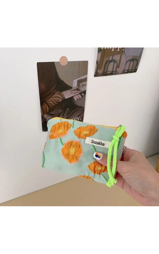 Red Green Floral Cute Women Wallet Mini Clutch Purse Coin Purse Cotton Fresh Cute Card Bag Sanitary Napkins Bag Earphone Bag