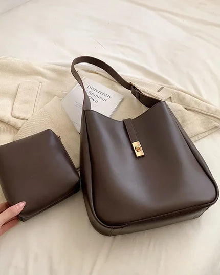 Vintage 2-Piece Leather Shoulder Bags for Women - Designer Underarm Handbags and Purses