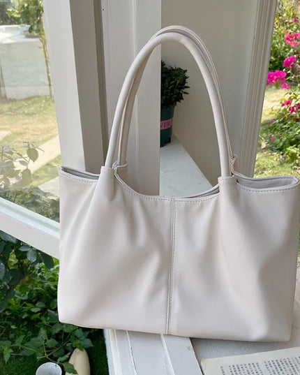 White PU Leather Shoulder Bag - Large Capacity Tote Handbag