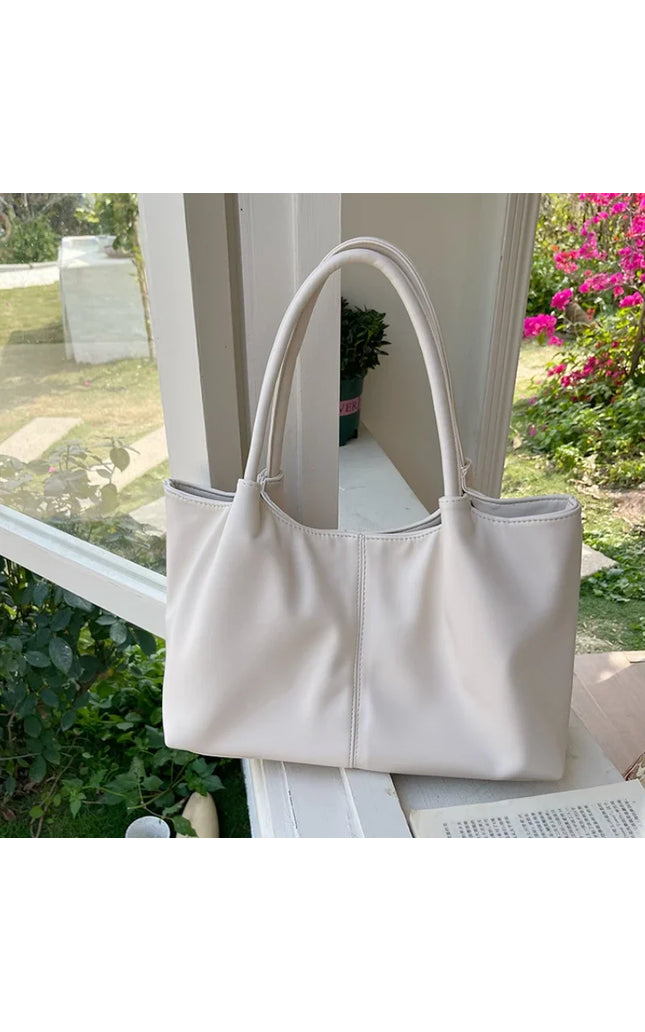 White PU Leather Shoulder Bag - Large Capacity Tote Handbag
