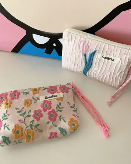 Red Green Floral Cute Women Wallet Mini Clutch Purse Coin Purse Cotton Fresh Cute Card Bag Sanitary Napkins Bag Earphone Bag