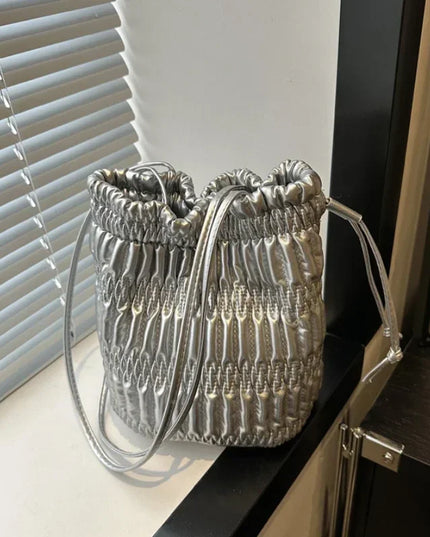 Silver PU Leather Drawstring Bucket Bag - Women's Designer Shoulder Handbag