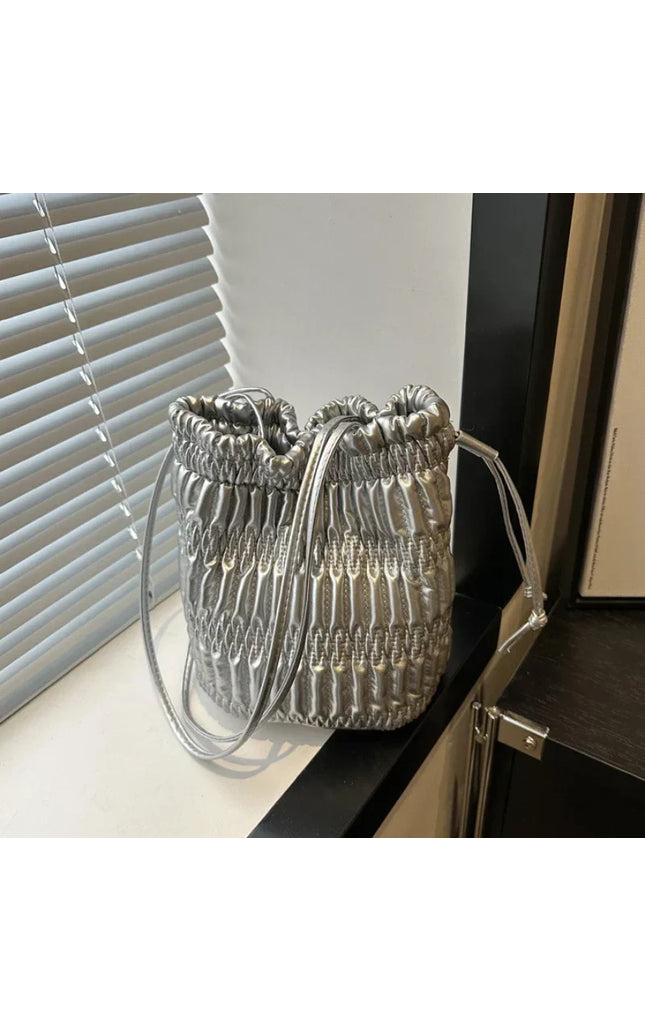 Silver PU Leather Drawstring Bucket Bag - Women's Designer Shoulder Handbag