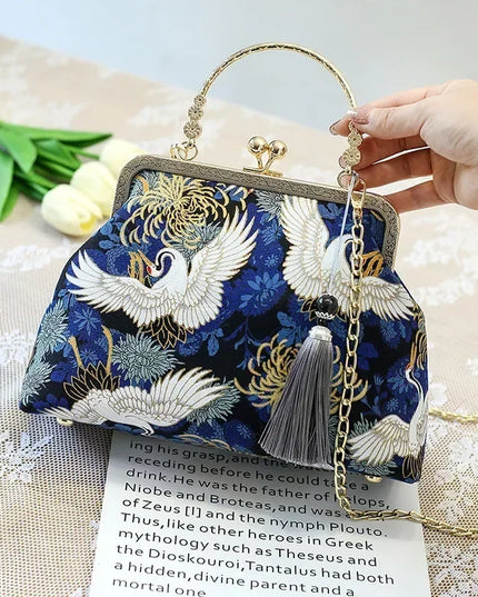 Vintage Fringe Embroidered Crane Crossbody Bag