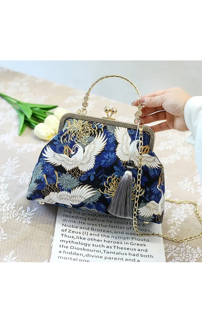 Vintage Fringe Embroidered Crane Crossbody Bag