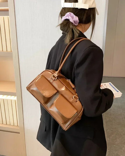 Retro Red Women's Patent Leather Satchel Hobo Bag Multi-Pocket Designer Shoulder Tote