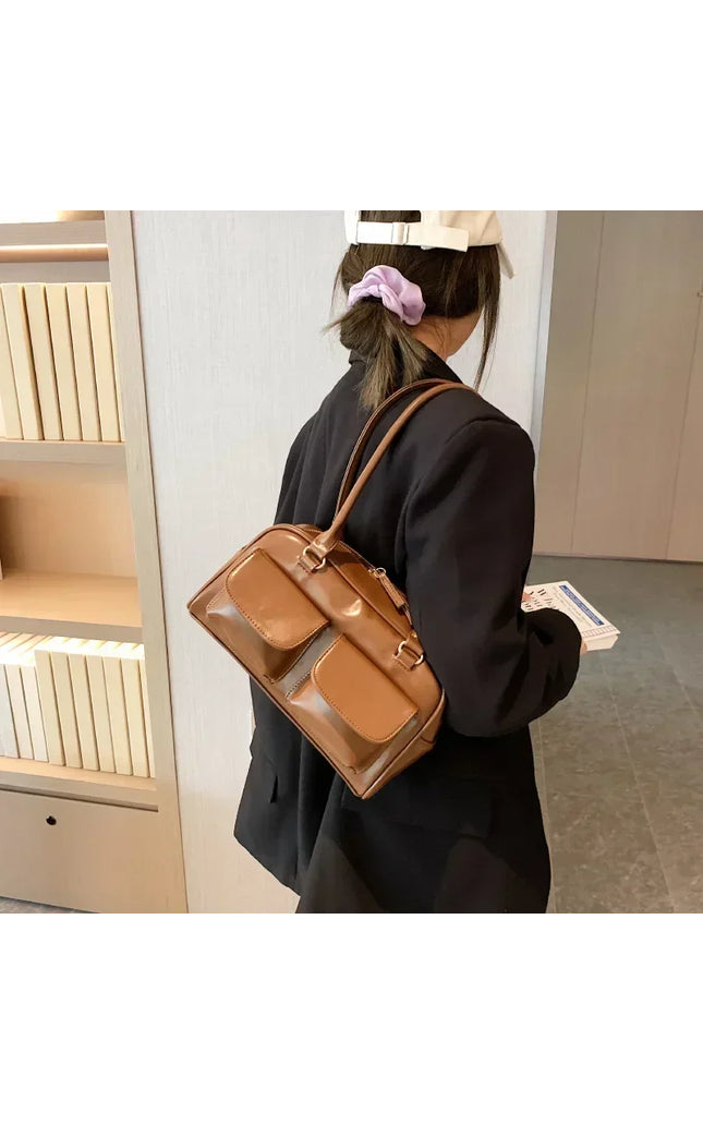 Retro Red Women's Patent Leather Satchel Hobo Bag Multi-Pocket Designer Shoulder Tote