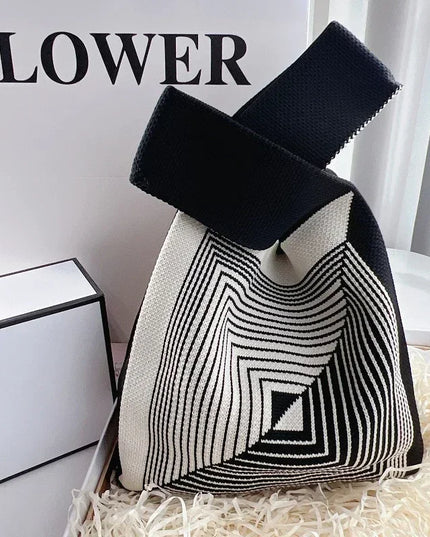 Handmade Knit Mini Knot Wrist Bag - Striped Plaid Tote, Reusable Shopping Bag