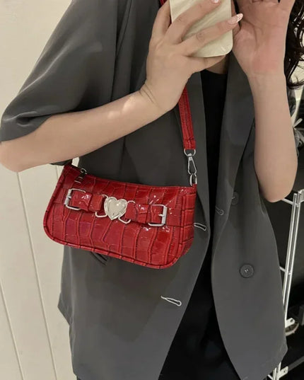 Y2K Heart Leather Alligator Pattern Shoulder Bag