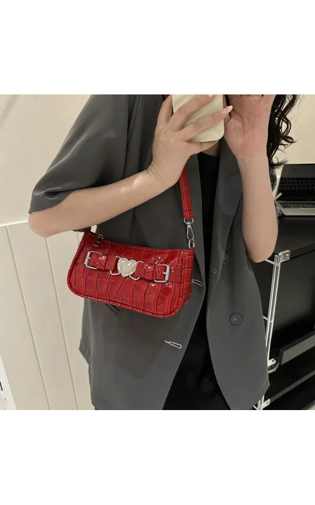 Y2K Heart Leather Alligator Pattern Shoulder Bag
