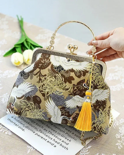 Vintage Fringe Embroidered Crane Crossbody Bag
