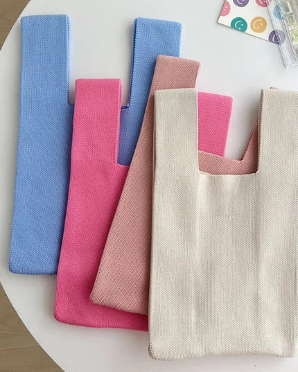 Handmade Knit Mini Knot Wristbag Women Stripe Plaid Tote Reusable Shopping Bag