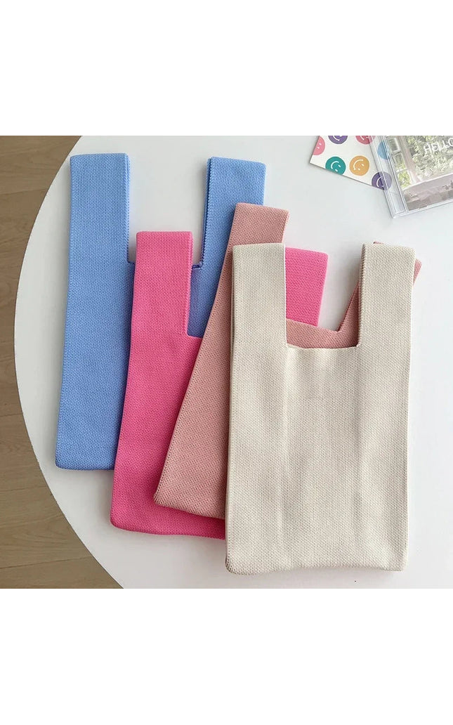 Handmade Knit Mini Knot Wristbag Women Stripe Plaid Tote Reusable Shopping Bag
