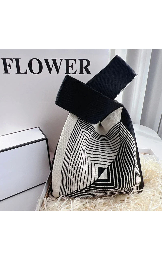 Handmade Knit Mini Knot Wrist Bag - Striped Plaid Tote, Reusable Shopping Bag