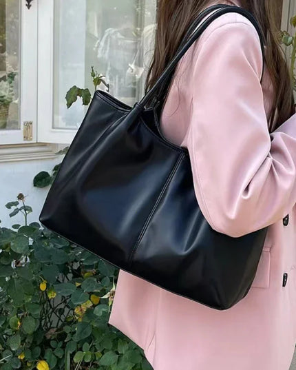 White PU Leather Shoulder Bag - Large Capacity Tote Handbag