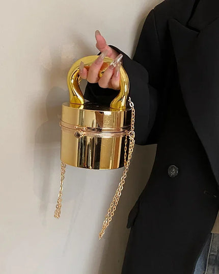 Gold Shiny Evening Clutch Handbag with Metal Chain