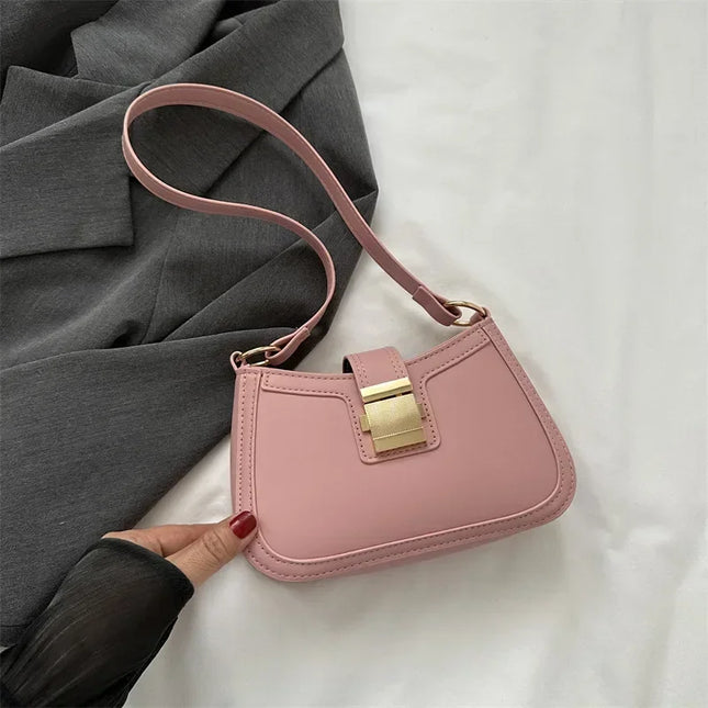 Vintage Brown PU Leather Shoulder Bag with Gold Buckle