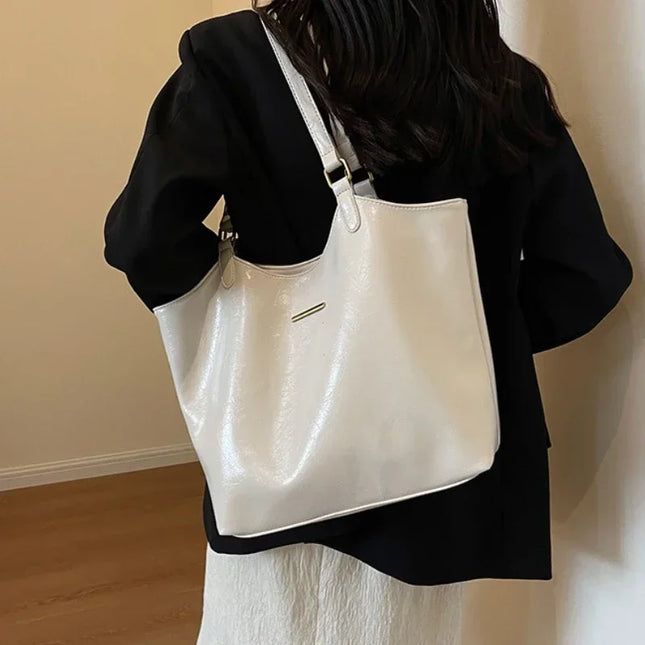 Vintage Leather Zipper Shoulder Bag - Large Capacity Tote for Women