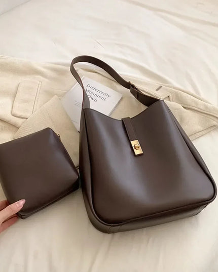 Vintage 2-Piece Leather Shoulder Bags for Women - Designer Underarm Handbags and Purses