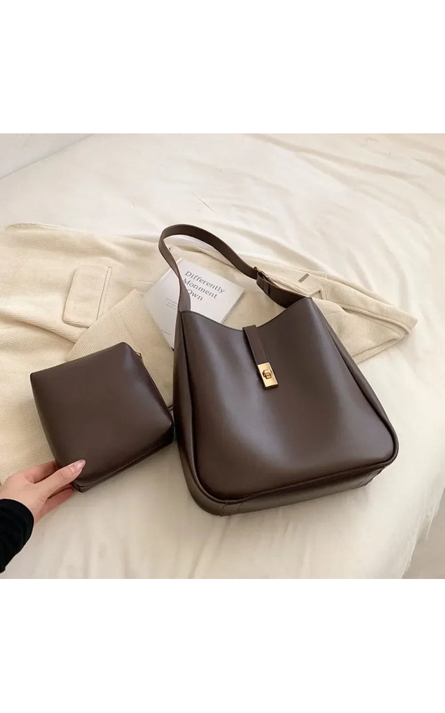 Vintage 2-Piece Leather Shoulder Bags for Women - Designer Underarm Handbags and Purses