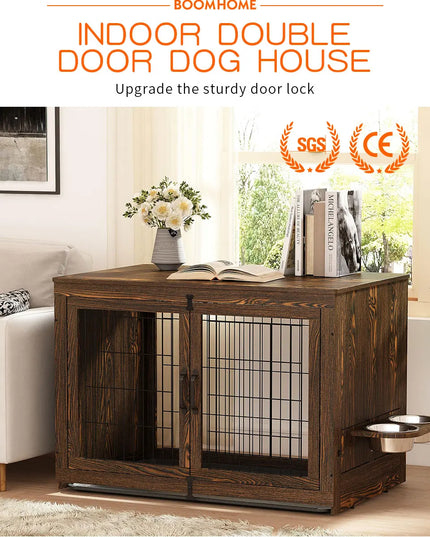 Wooden Two-Door Dog Cage - Luxury Solid Wood Pet Furniture