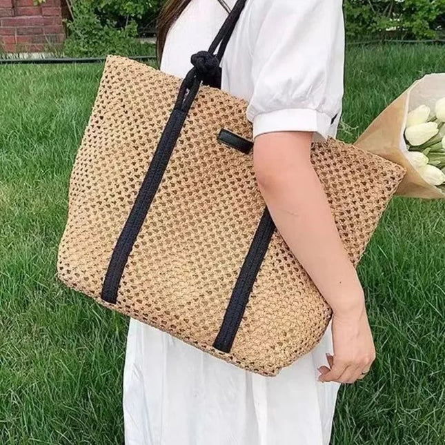Elegant Straw Woven Beach Tote Handbag