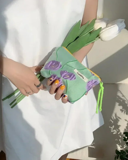 Red Green Floral Cute Women Wallet Mini Clutch Purse Coin Purse Cotton Fresh Cute Card Bag Sanitary Napkins Bag Earphone Bag