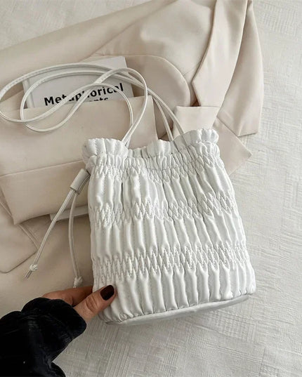 Silver PU Leather Drawstring Bucket Bag - Women's Designer Shoulder Handbag