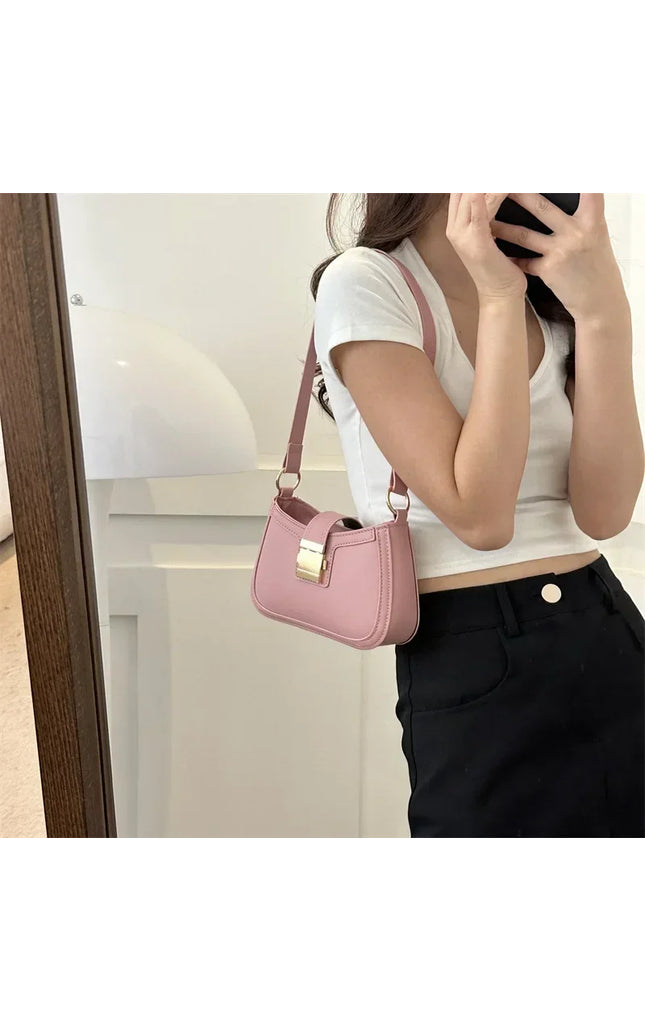 Vintage Brown PU Leather Shoulder Bag with Gold Buckle