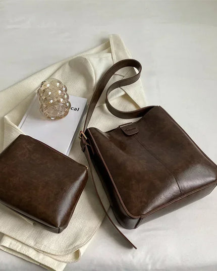 Women's PU Leather Shoulder Tote Bag Set with Crossbody and Purse