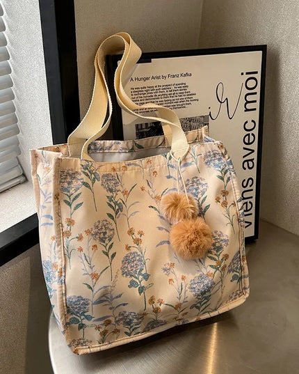 Floral Canvas Tote Bag Large Capacity Shoulder Handbag with Pendant