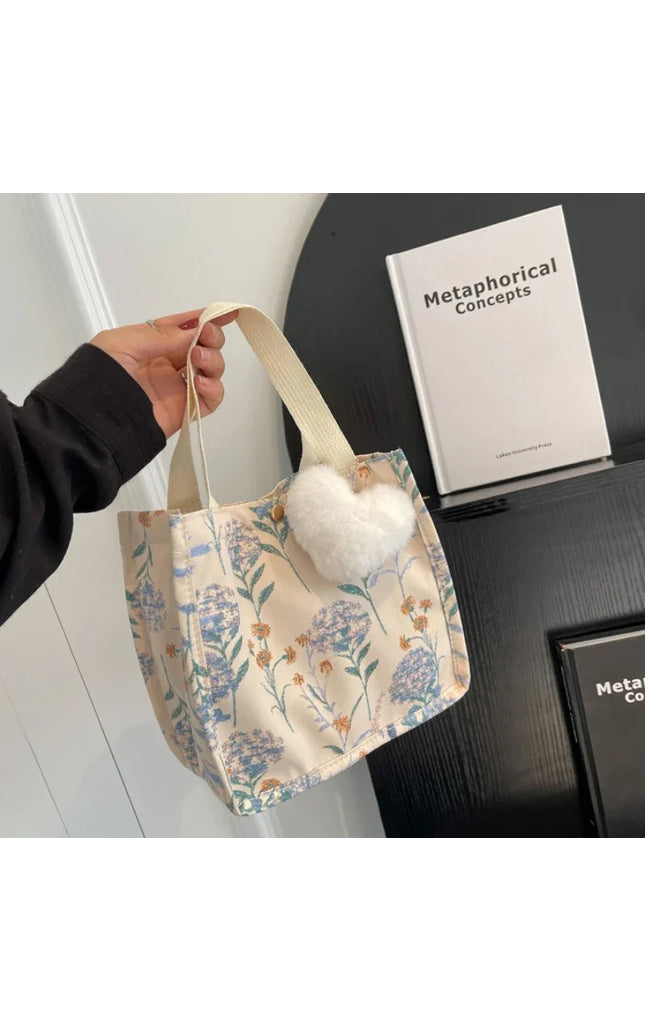 Floral Canvas Tote Bag Large Capacity Shoulder Handbag with Pendant