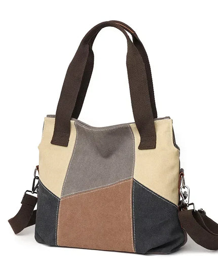 Women's Canvas Patchwork Shoulder Bag - Large Capacity, Vintage Style