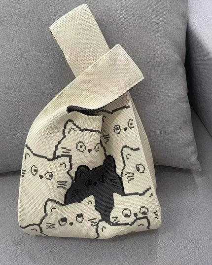 Cat Knit Handbag Casual Handmade Shopping Tote High-Capacity Wrist Bag for Women