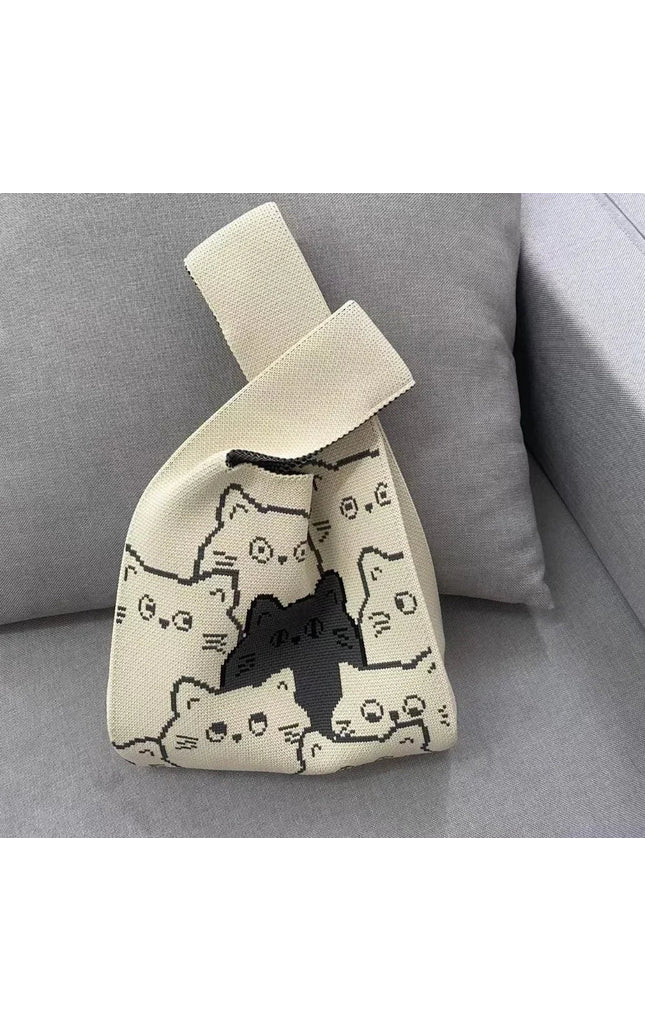 Cat Knit Handbag Casual Handmade Shopping Tote High-Capacity Wrist Bag for Women
