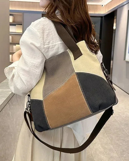 Women's Canvas Patchwork Shoulder Bag - Large Capacity, Vintage Style