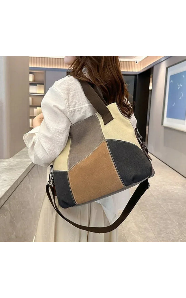 Women's Canvas Patchwork Shoulder Bag - Large Capacity, Vintage Style