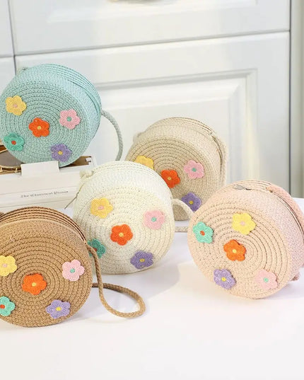 Kids Heart Straw Beach Bag Crossbody Handbag Coin Purse