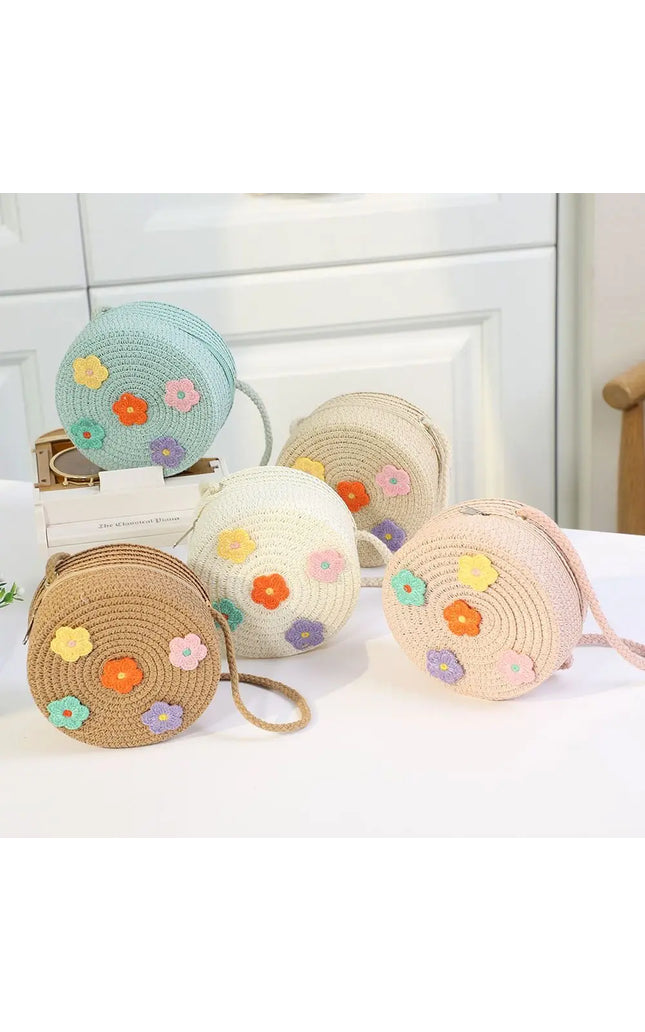 Kids Heart Straw Beach Bag Crossbody Handbag Coin Purse