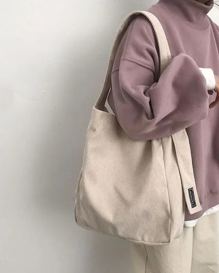 Corduroy Canvas Tote Bag for Women - Reusable Shoulder Shopper Handbag