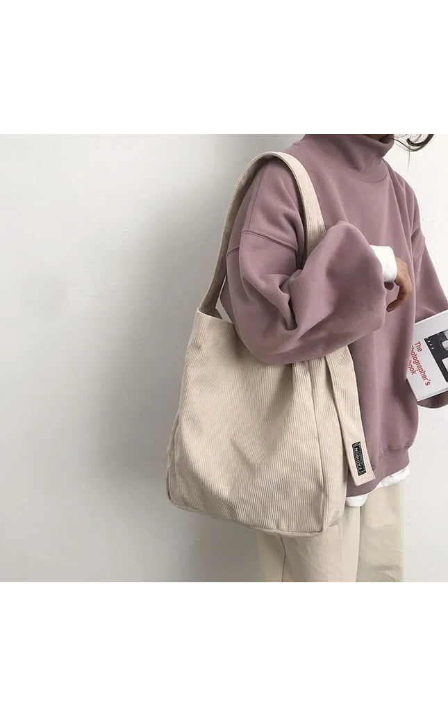 Corduroy Canvas Tote Bag for Women - Reusable Shoulder Shopper Handbag