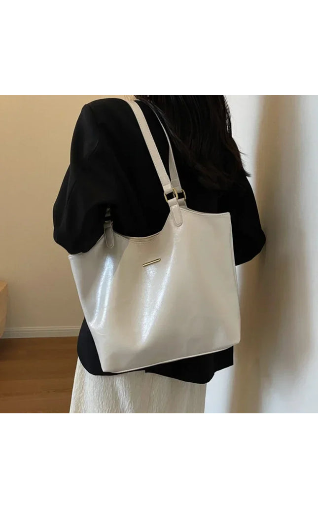 Vintage Leather Zipper Shoulder Bag - Large Capacity Tote for Women