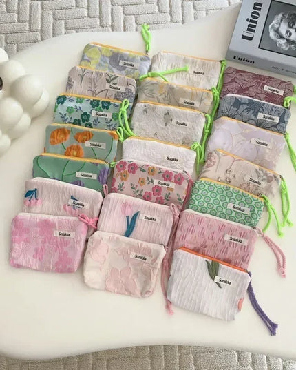 Red Green Floral Cute Women Wallet Mini Clutch Purse Coin Purse Cotton Fresh Cute Card Bag Sanitary Napkins Bag Earphone Bag