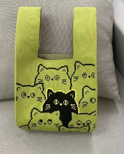 Cat Knit Handbag Casual Handmade Shopping Tote High-Capacity Wrist Bag for Women